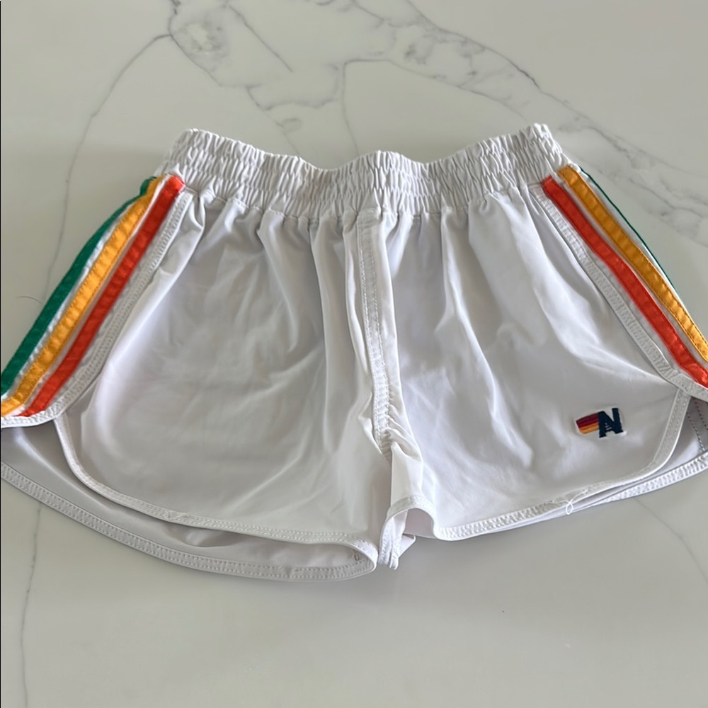 Aviator Nation White Athletic Shorts with Rainbow Stripes